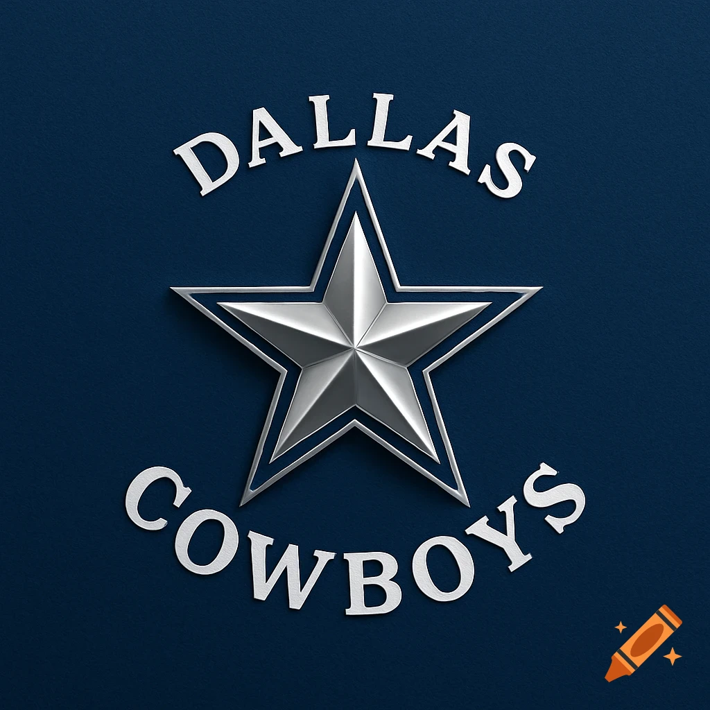 Silver Dallas Cowboys star logo with 'DALLAS' above and 'COWBOYS' below on a dark blue background.