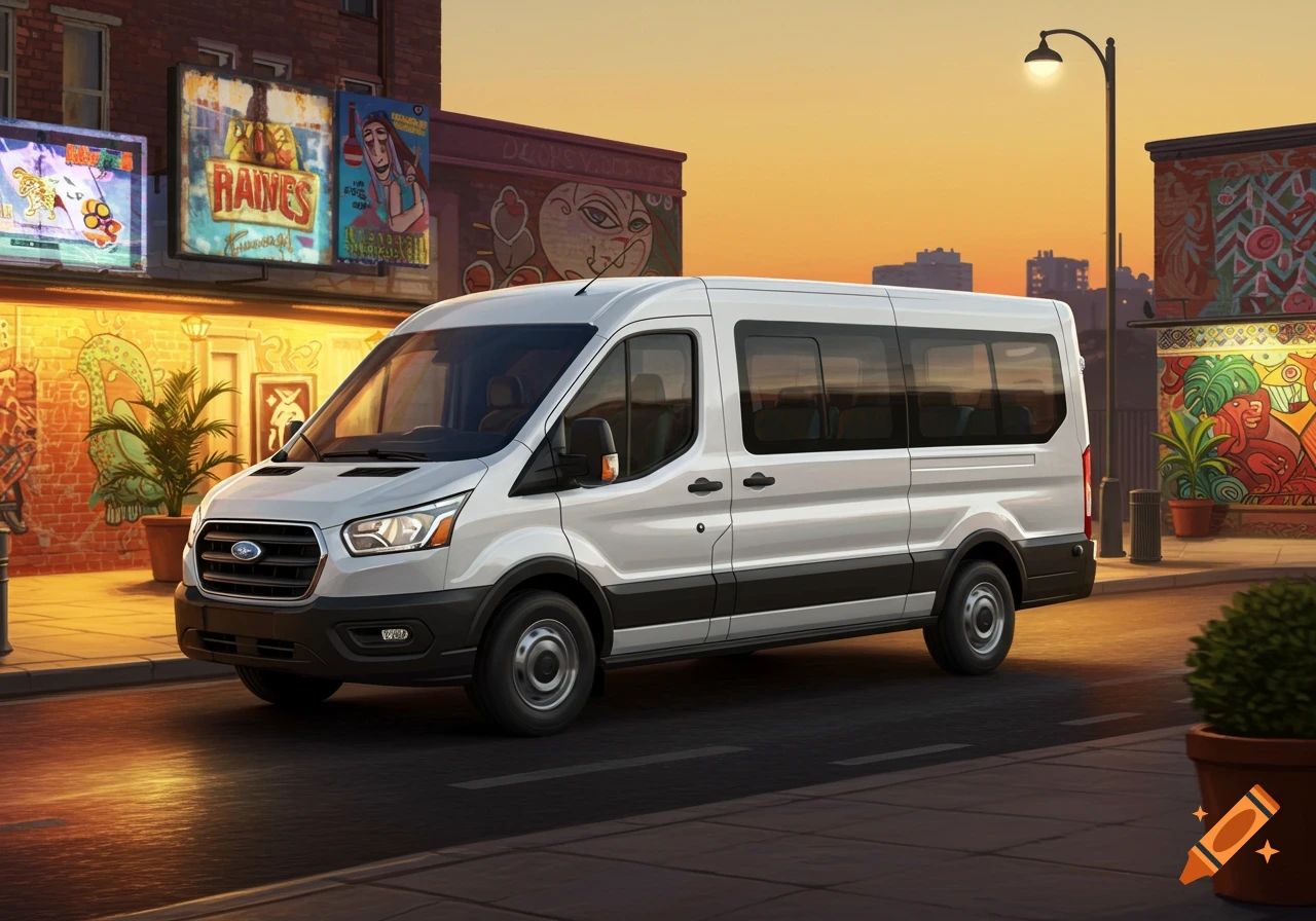 A white Ford Transit passenger van is parked on an urban street with vibrant murals and neon signs at sunset.