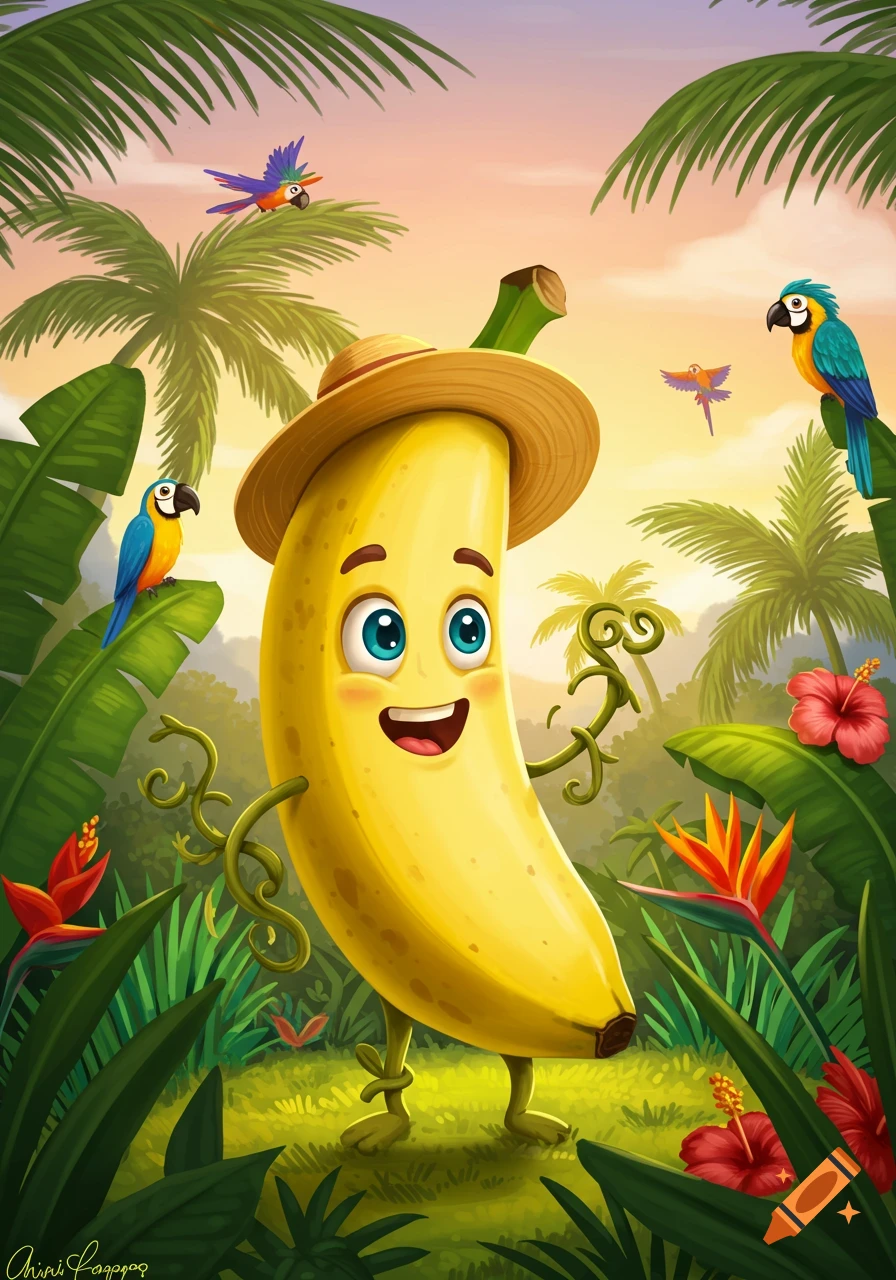 A cheerful cartoon banana with big blue eyes and a straw hat stands in a vibrant jungle with palm trees, tropical flowers, and colorful parrots.