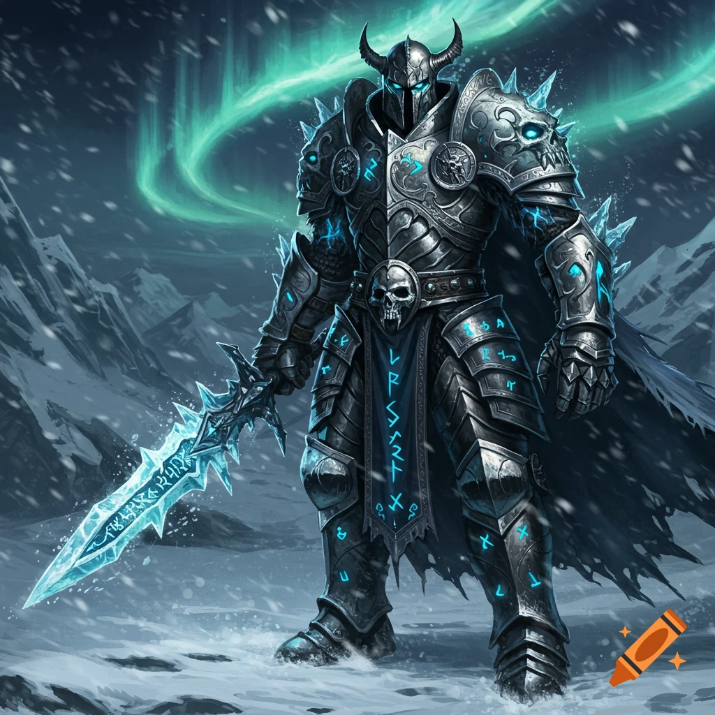 A menacing frost death knight in ornate, dark plate armor with glowing blue runes, holding a jagged ice sword in a snowy landscape with green aurora in the sky.