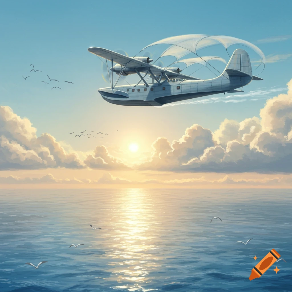 Illustrated seaplane flying over a serene ocean at sunset, with golden reflections and birds in the sky.