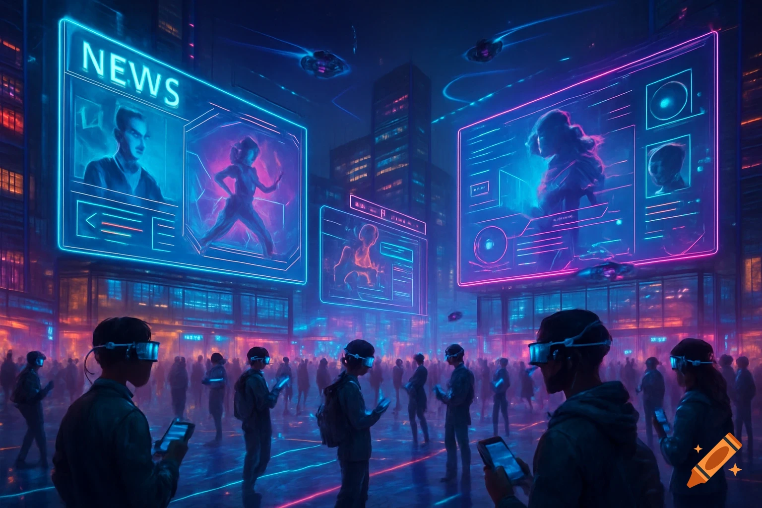 People in a futuristic city wear VR headsets, looking at giant neon-outlined holographic screens displaying news and data.