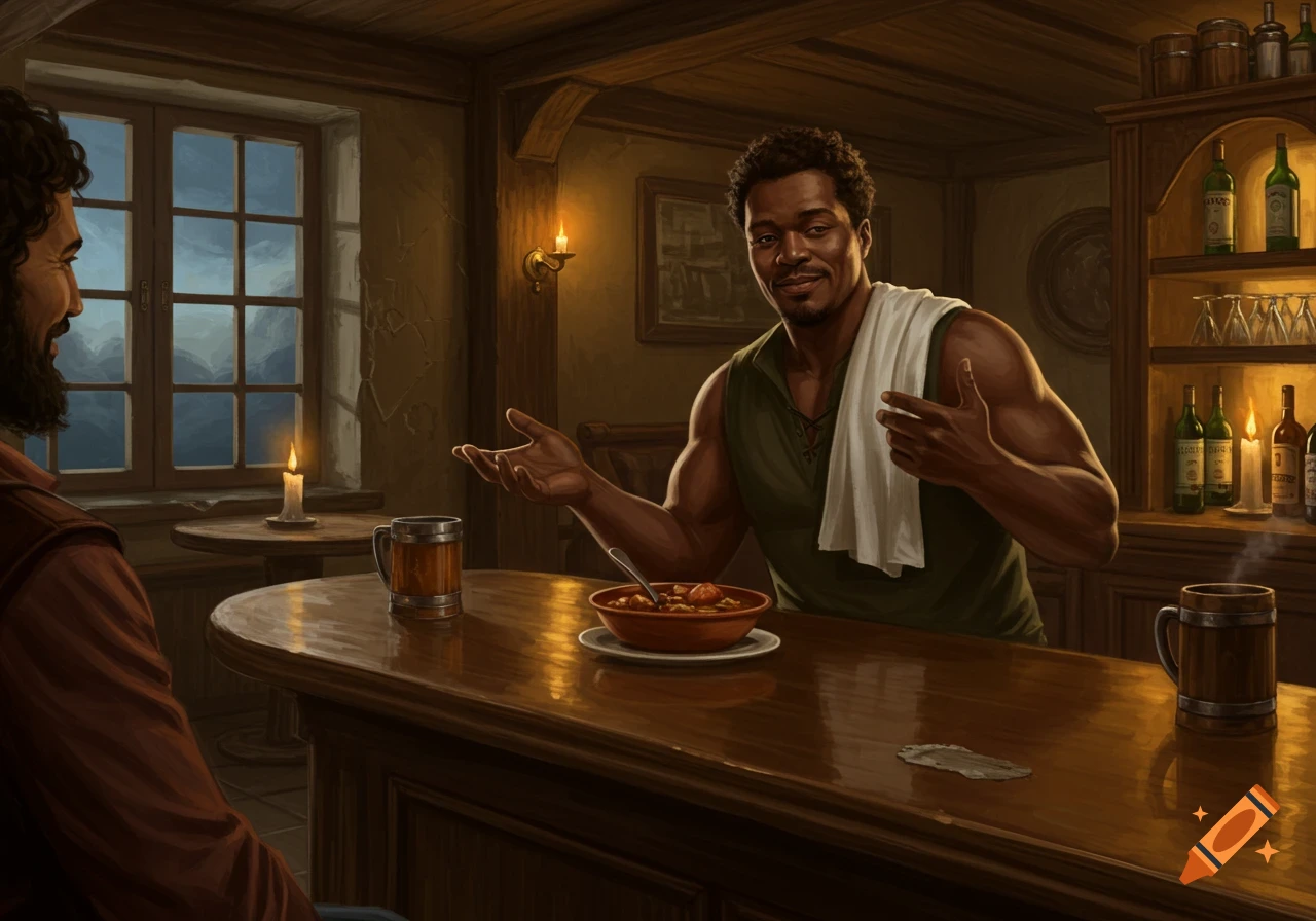 A dark-skinned man with curly hair, wearing a green tunic and a towel, smiles behind a bar in an inn, gesturing towards a customer. A bowl of food and mugs are on the wooden bar.