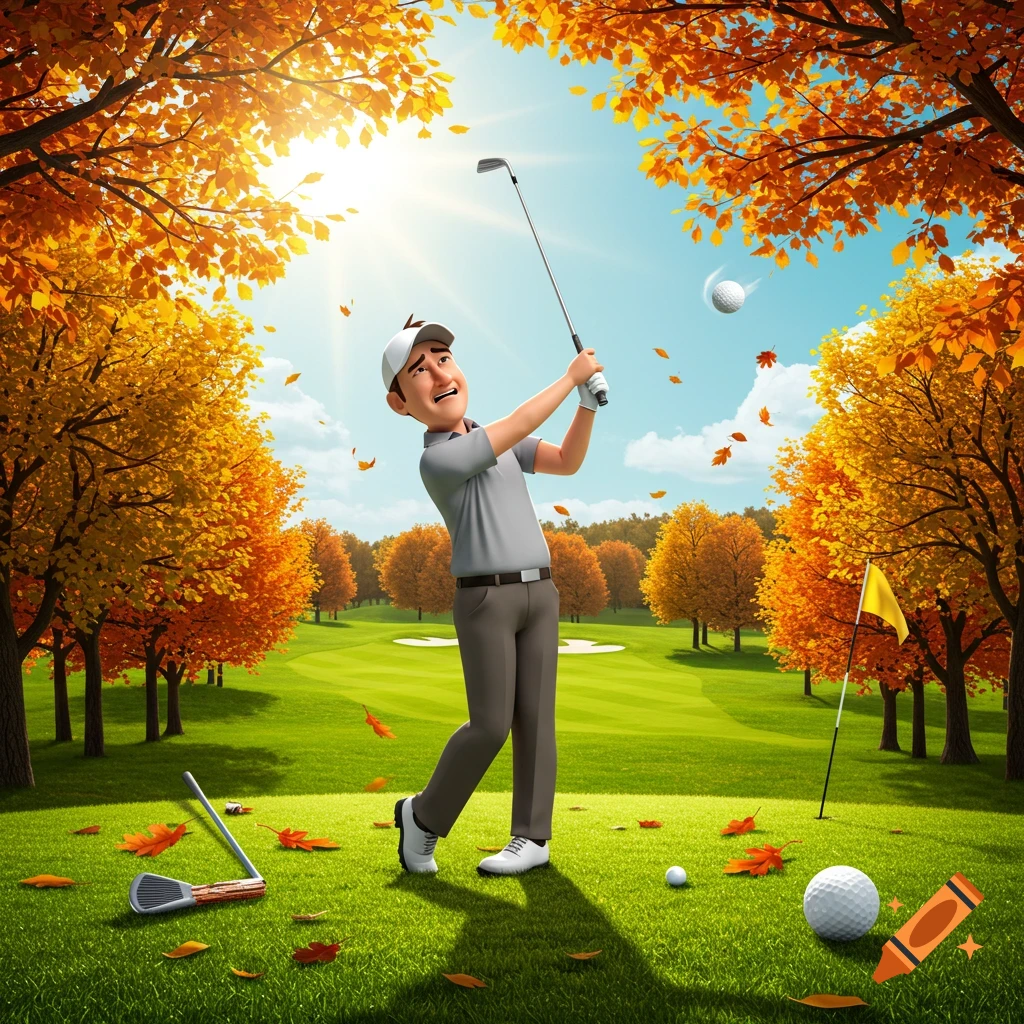 A frustrated cartoon man plays golf on an autumn course, having just hit the ball, with leaves falling around him.