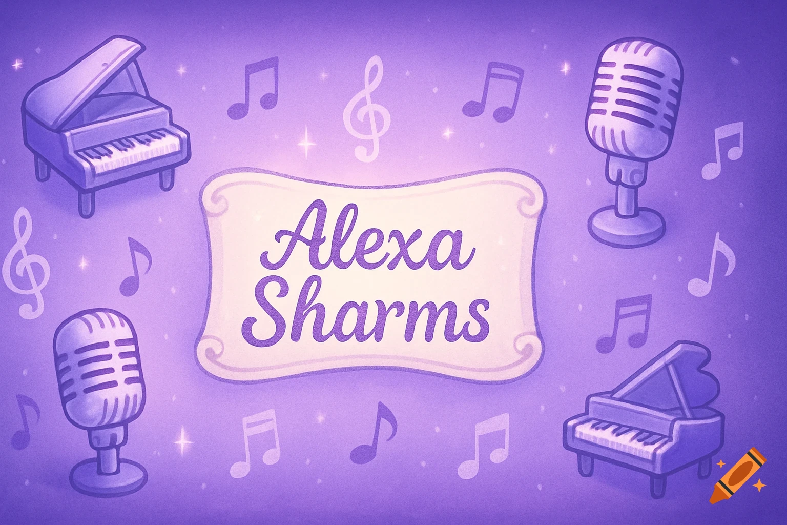 Cute purple banner with 'Alexa Sharms' in a central scroll, surrounded by pianos, microphones, and musical notes.