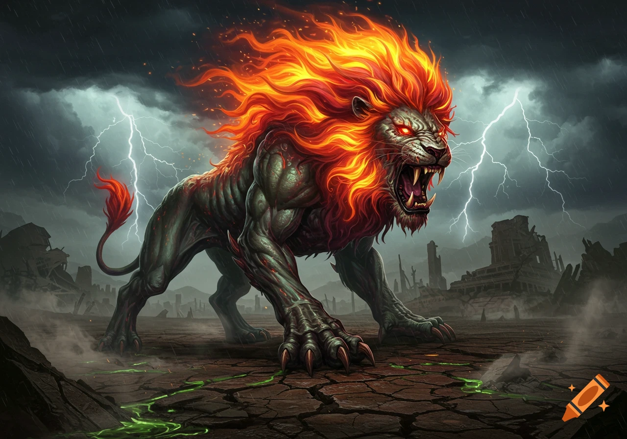 A monstrous lion with a fiery mane and glowing red eyes roars in a desolate, stormy landscape with lightning.