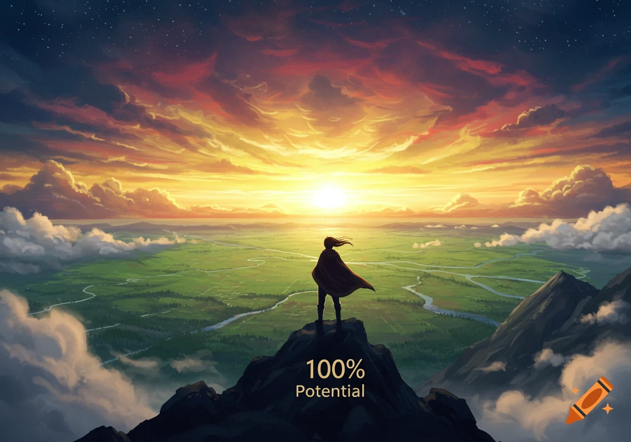 Stylized digital painting of a person in a cape standing atop a mountain at sunset, overlooking a vast green valley, with text '100% Potential'.