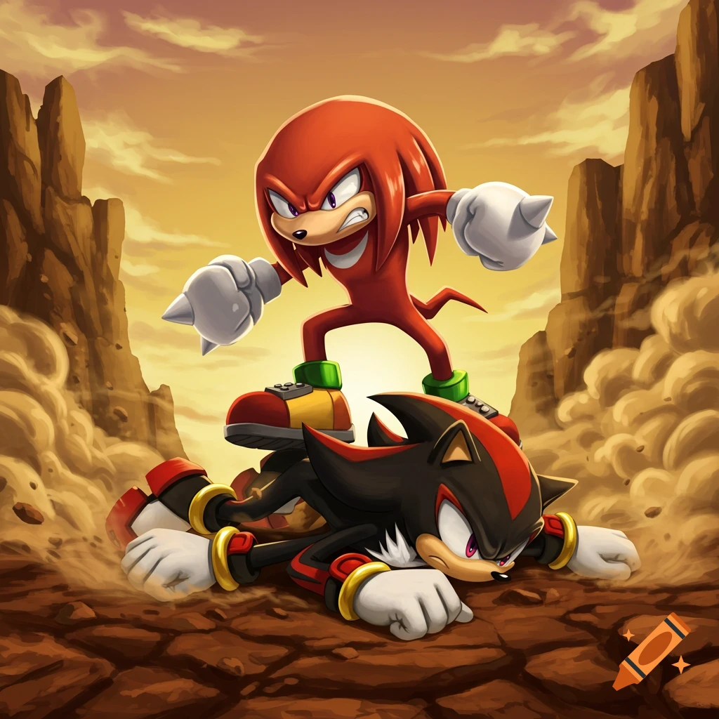 Cartoon of red Knuckles the Echidna standing over a defeated black Shadow the Hedgehog on dusty, rocky ground under an orange sky.