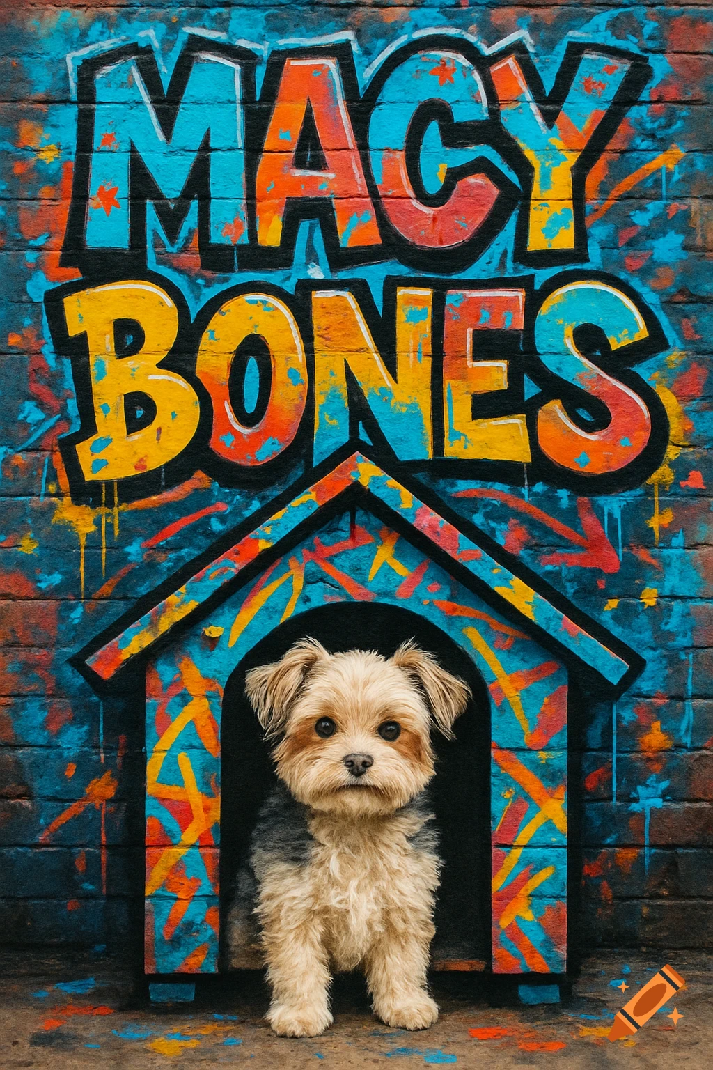 A Morkie dog sits in a dog house, in front of a colorful graffiti wall with "MACY BONES" written on it.