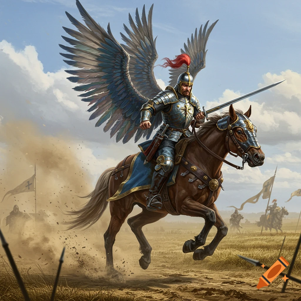 A winged knight in blue and gold armor rides an armored horse through a dusty battlefield.