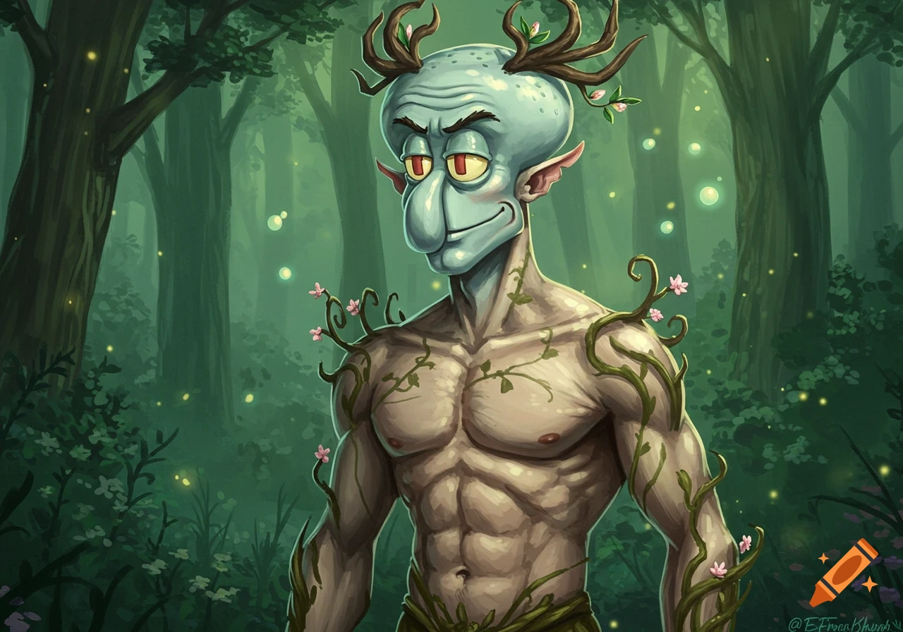 Muscular, blue-skinned Handsome Squidward reimagined as a firbolg with antlers and vines, standing in an enchanted forest.