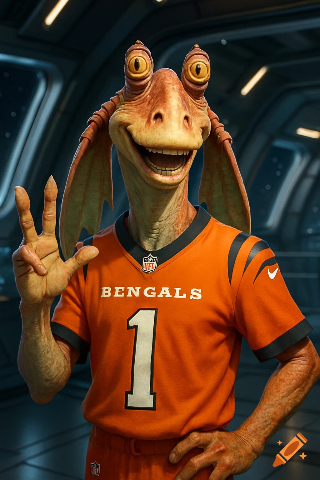 Jar Jar Binks wearing an orange Cincinnati Bengals jersey with the number 1, making a peace sign in a futuristic setting.