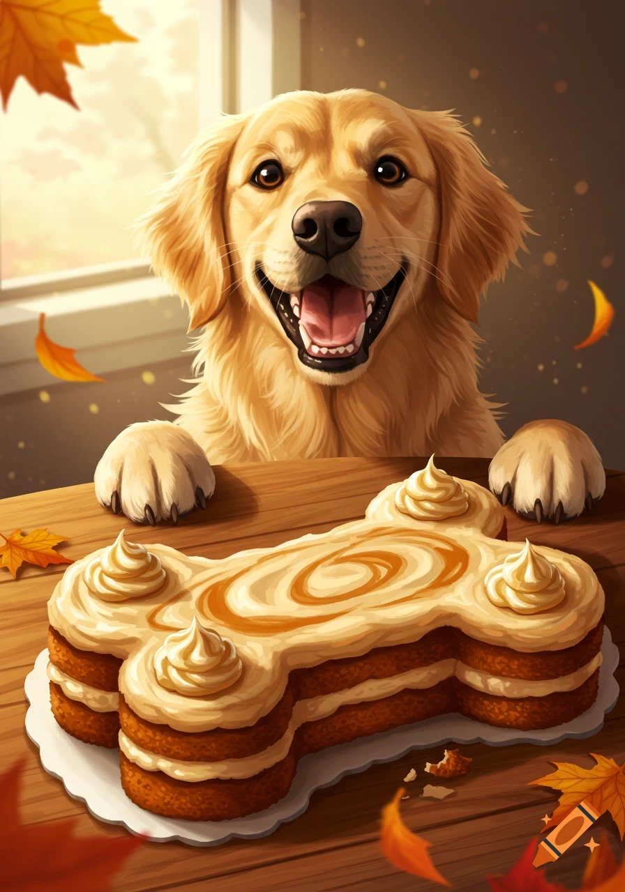 A happy golden retriever peeking over a wooden table at a bone-shaped cake with cream frosting and autumn leaves.