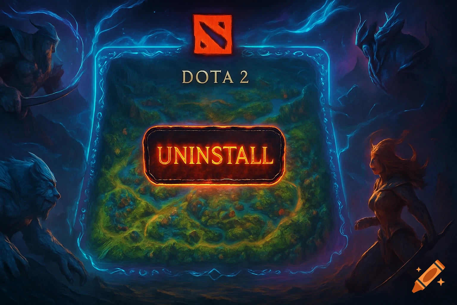 Digital art depicting a DOTA 2 game screen with a map and an 'UNINSTALL' button, surrounded by fantasy heroes and creatures.