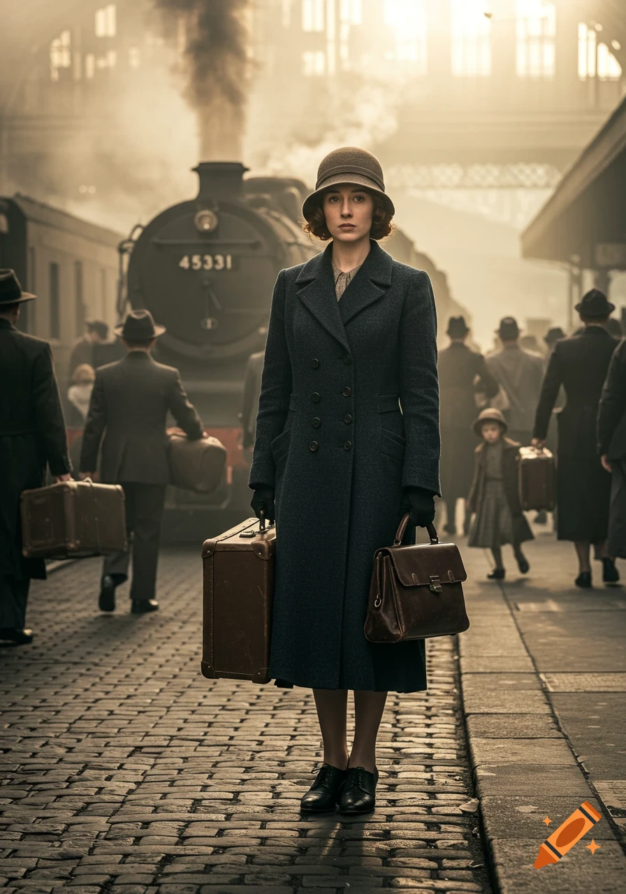 A woman in a vintage coat and hat stands on a cobblestone train station platform with luggage, a steam train behind her.