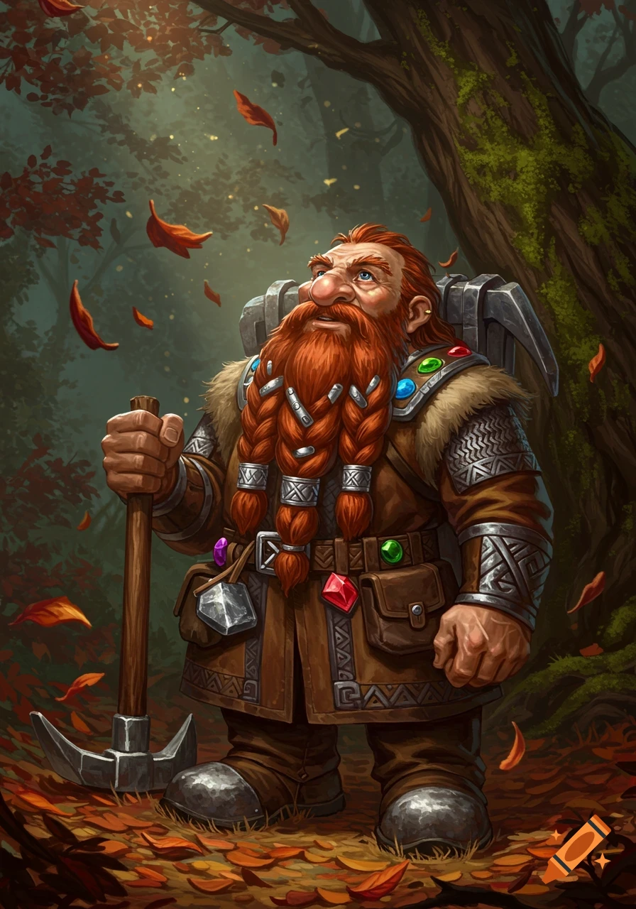 A kindly, red-bearded dwarf with braided hair and gems, holding a pickaxe in an autumn forest, looks hopefully up.