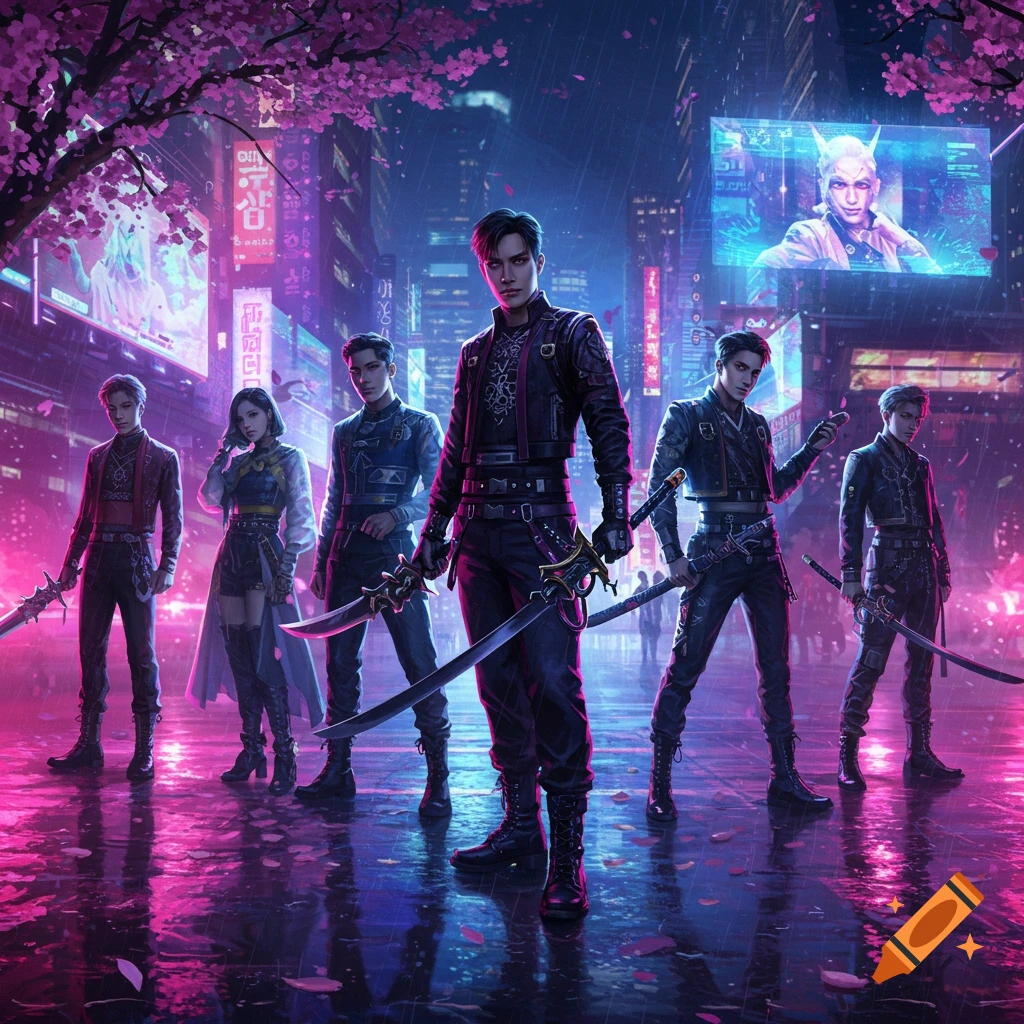 A group of k-pop-style demon hunters with swords stand on a neon-lit, rainy cyberpunk city street under cherry blossoms.