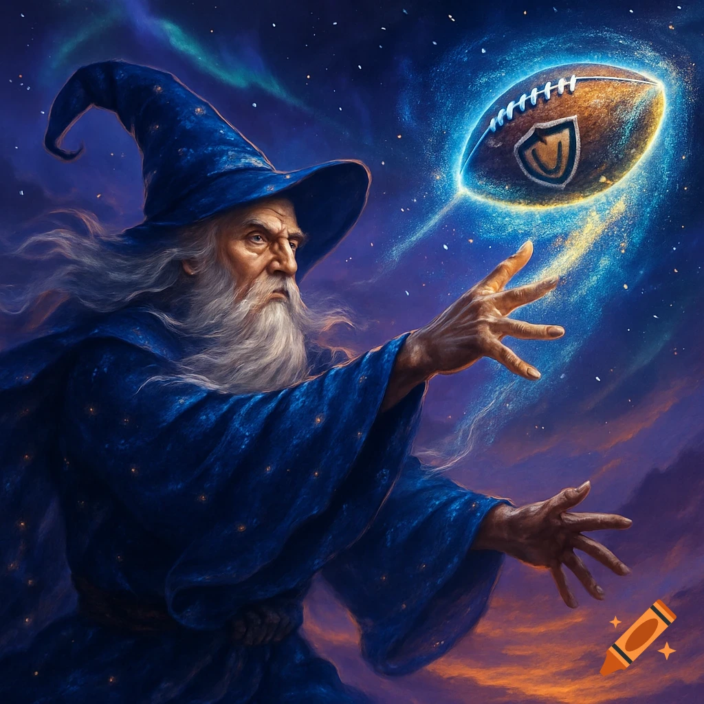 A wizard in a blue robe and hat with a long white beard conjures a glowing American football against a starry, cosmic sky.
