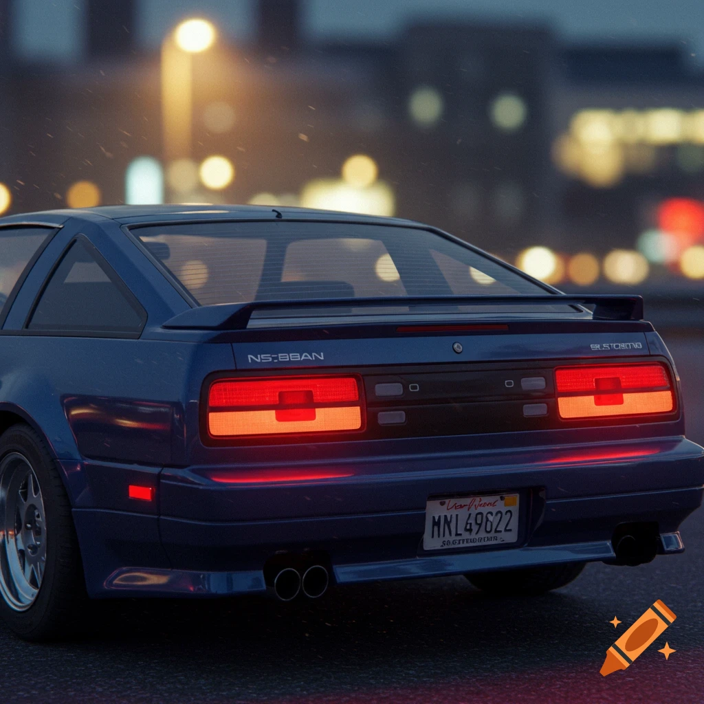 Rear view of a blue 1980s-style sports car with glowing red taillights at night, blurred city lights in the background.