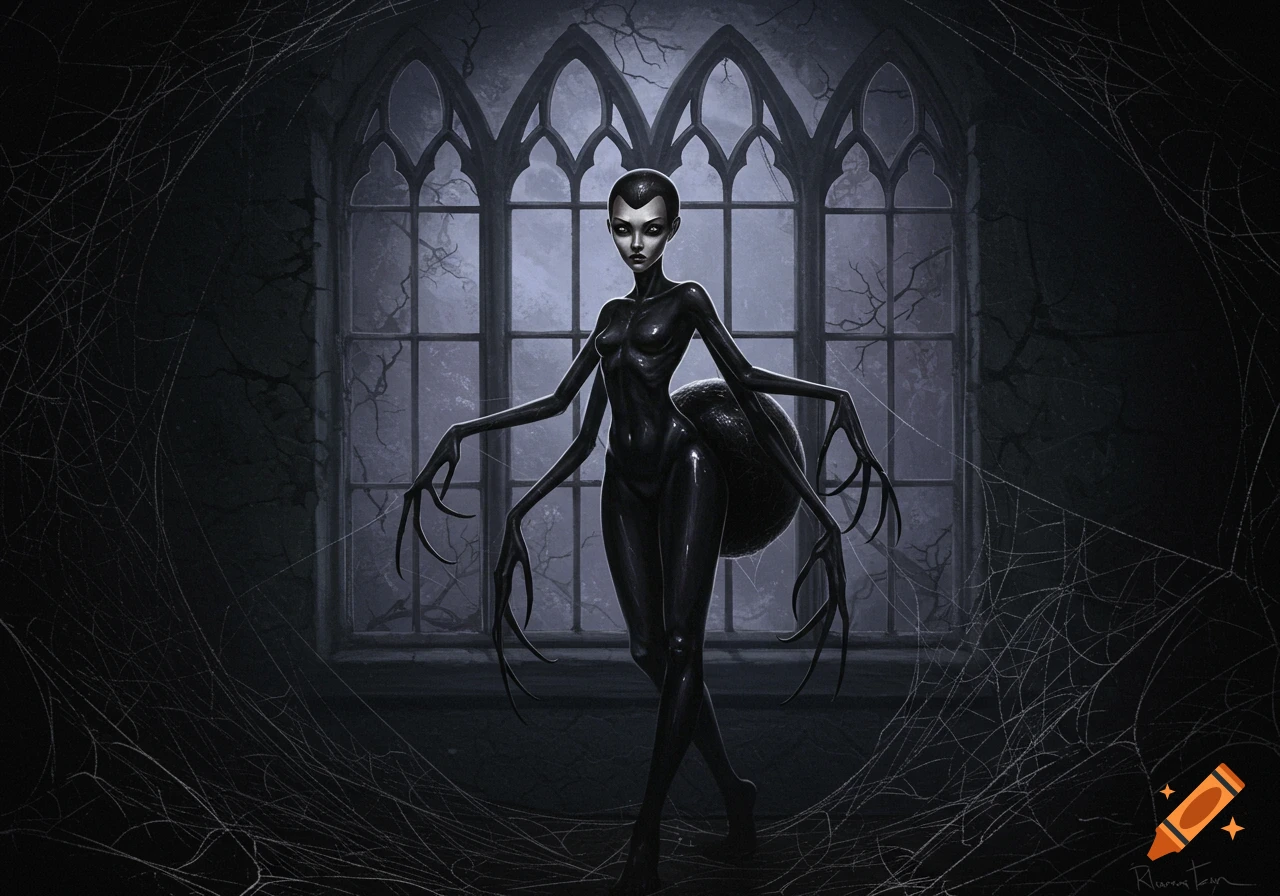 Dark fantasy art of a spider-human hybrid woman standing in a gothic window with spiderwebs.