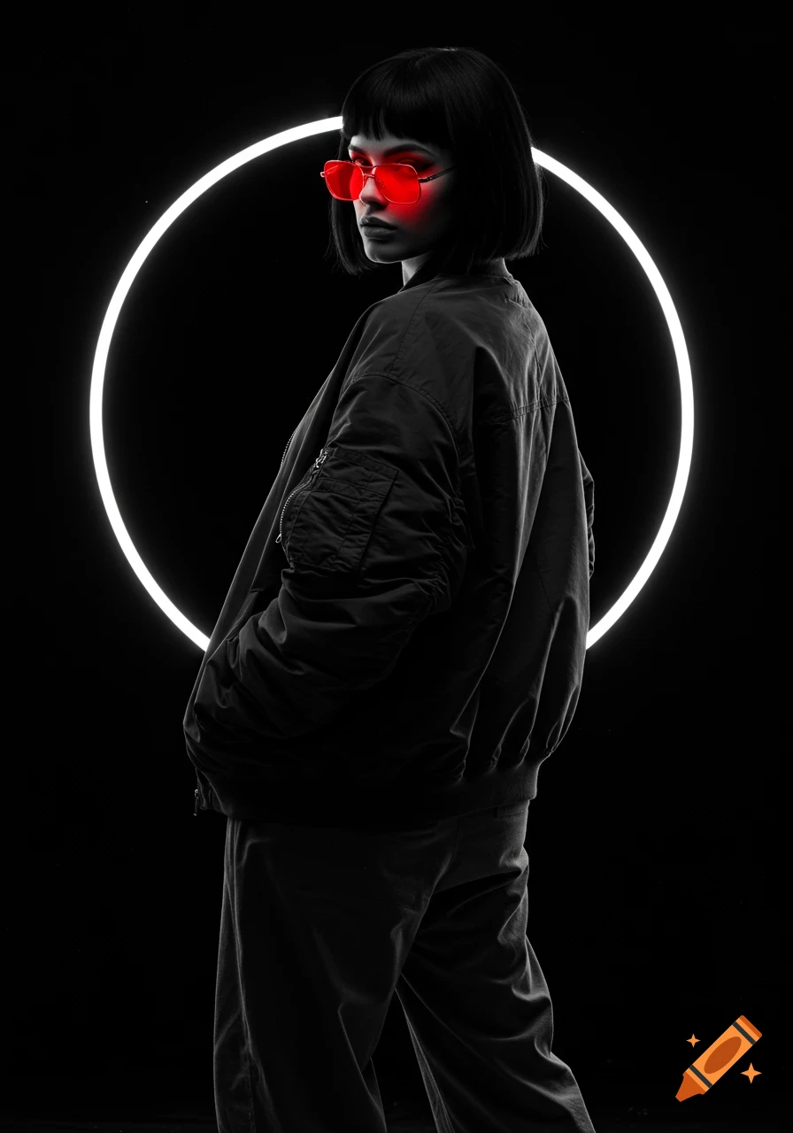 Monochrome portrait of a stylish woman with red glowing sunglasses and black bomber jacket against a dark background.