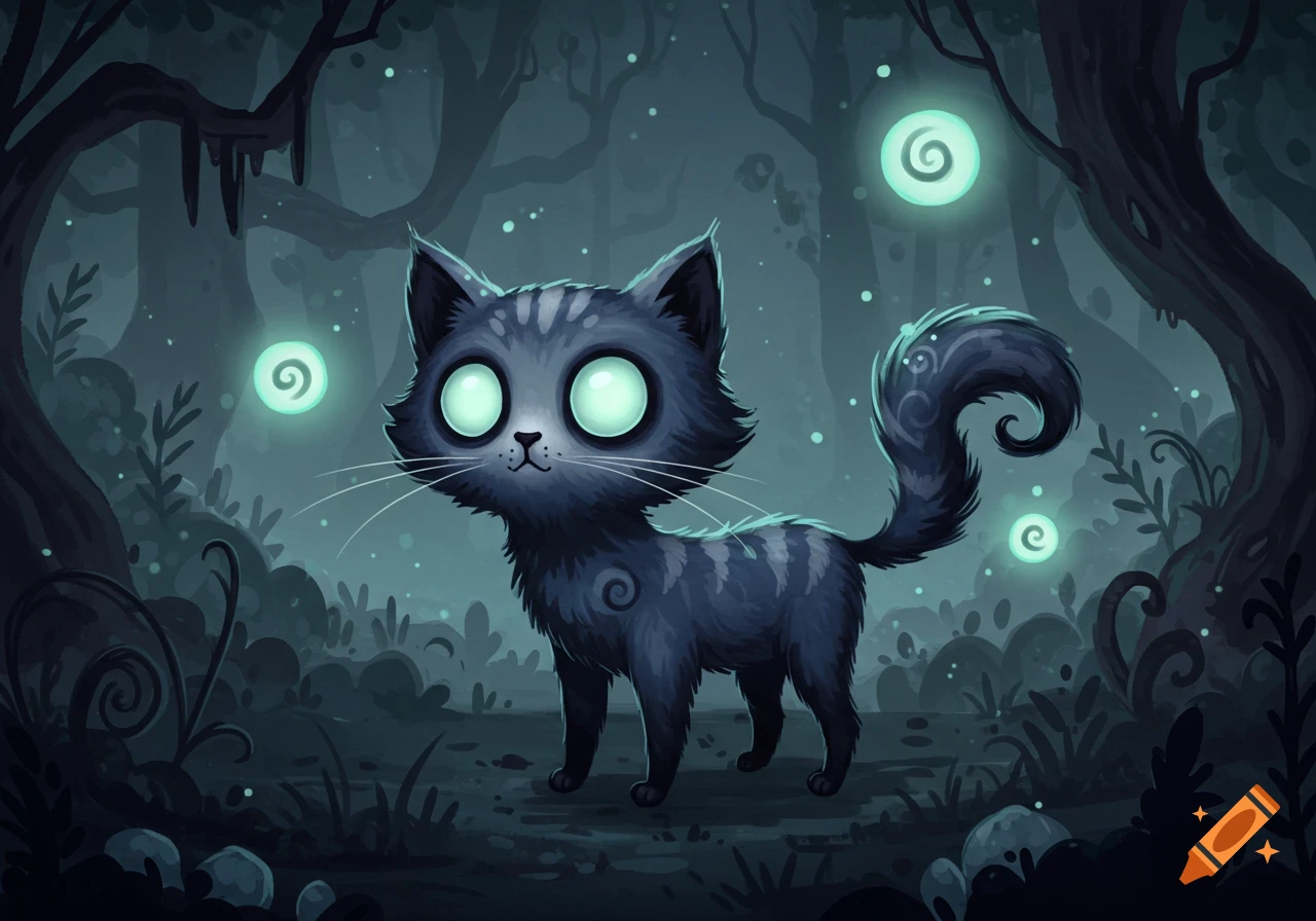 A stylized cartoon black cat with large glowing green eyes in a dark, magical forest with glowing orbs.