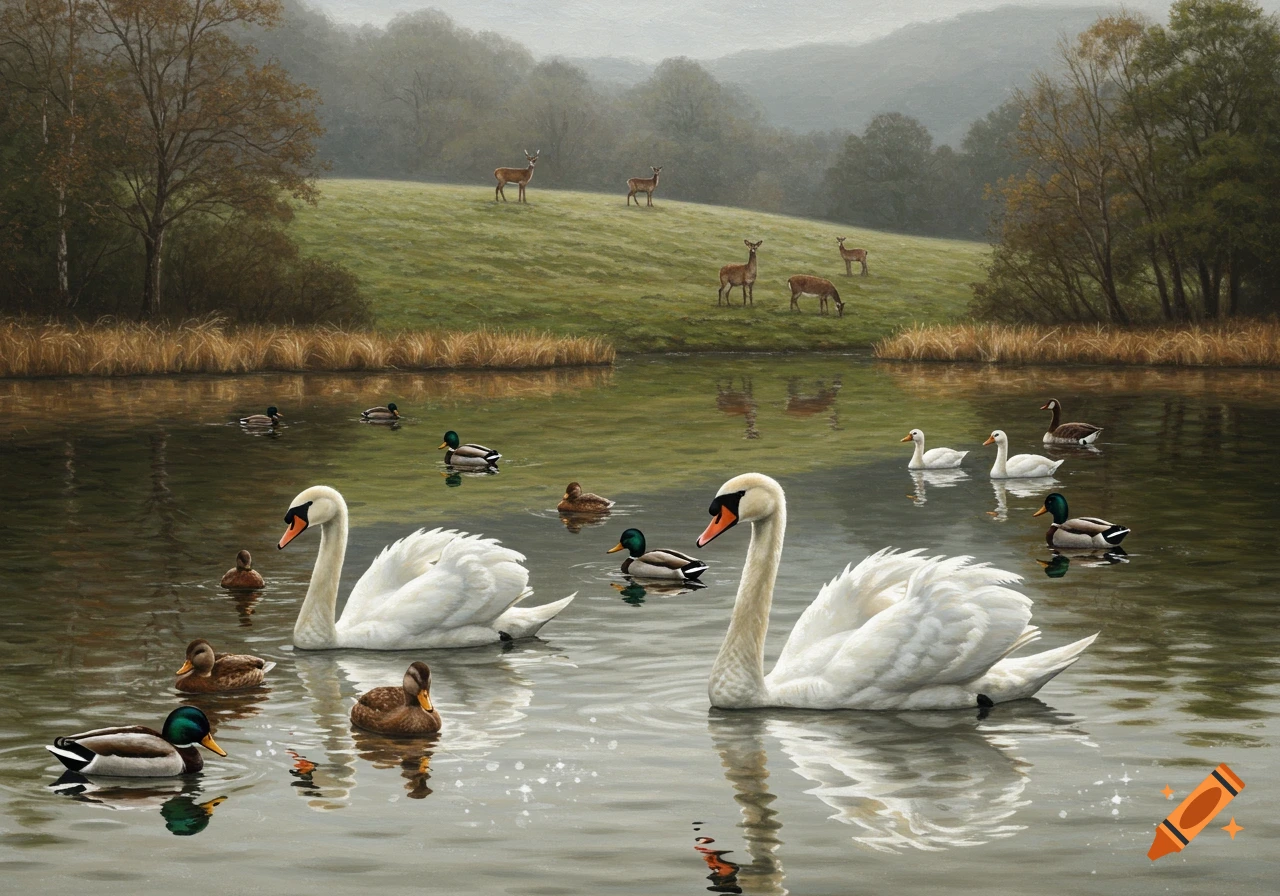 Painting of a serene lake with swans, ducks, and geese, with deer grazing on a grassy hill in the background.