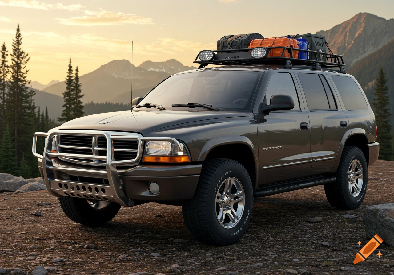 A grey SUV with a bull bar and packed roof rack sits on rocky ground at sunset, with pine trees and mountains in the background.