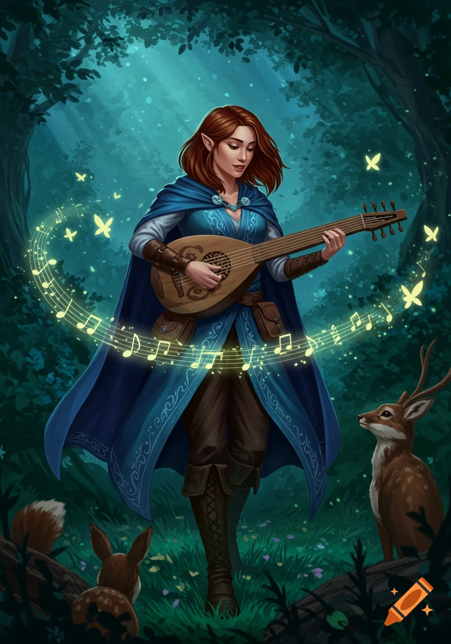 An elven woman with reddish-brown hair plays a lute in a magical forest, surrounded by glowing musical notes and forest animals.