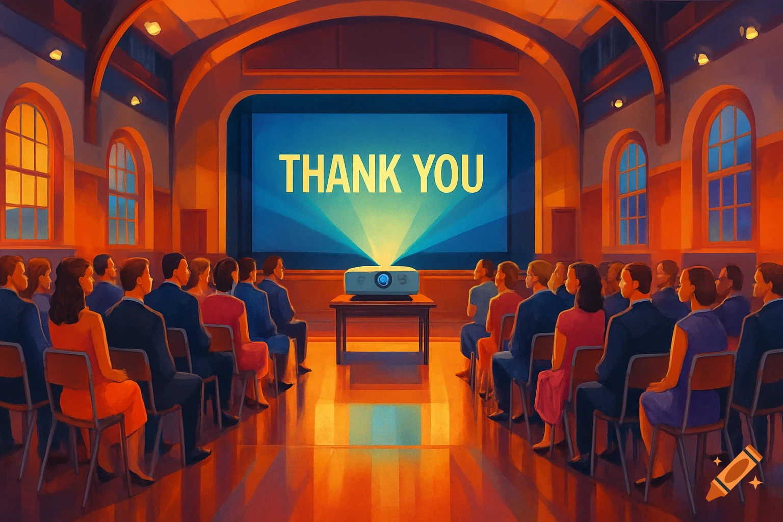 An illustrated scene of an audience watching a projector display 'THANK YOU' in a school hall.
