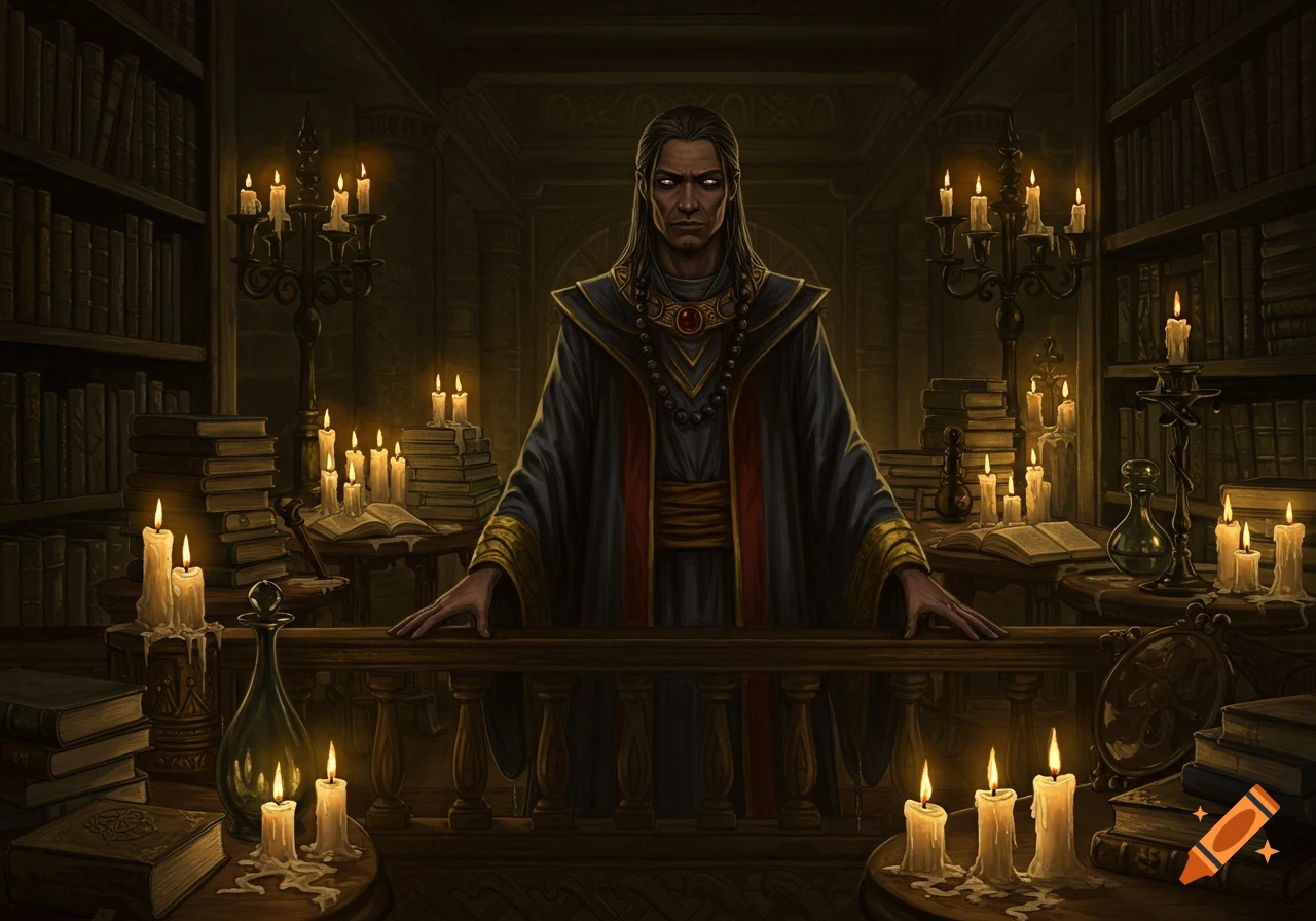 A detailed oil painting of a warlock in elaborate robes standing in a dark, candlelit library.