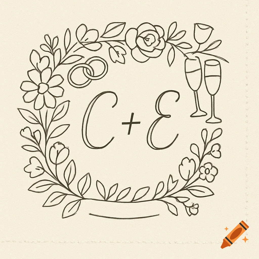 Simple line art illustration for a wedding featuring the initials C+E surrounded by a floral wreath with wedding rings and champagne glasses on a cream background.