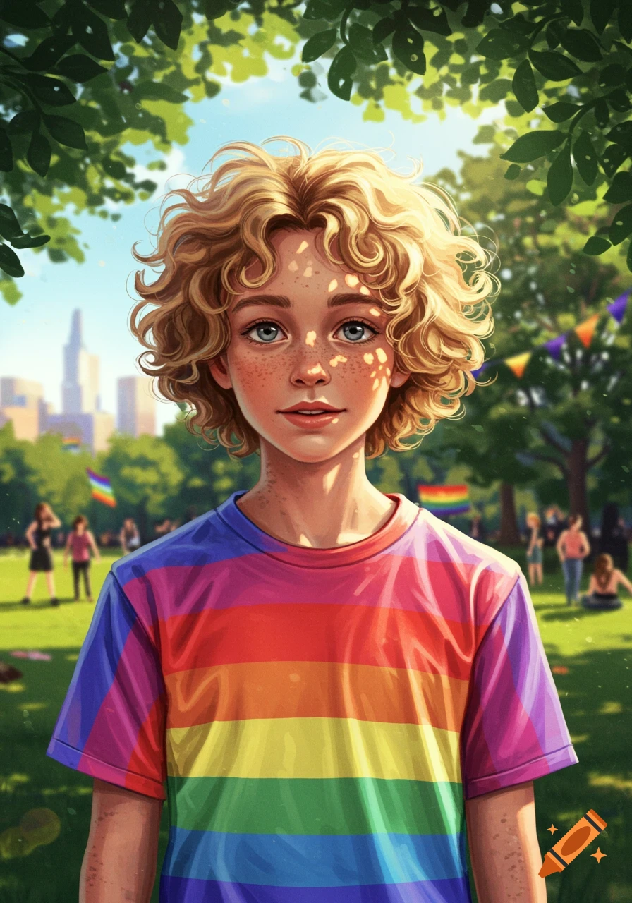 A curly-haired boy with freckles wearing a rainbow-striped shirt stands in a sunny park with trees and people in the background, digital art style.