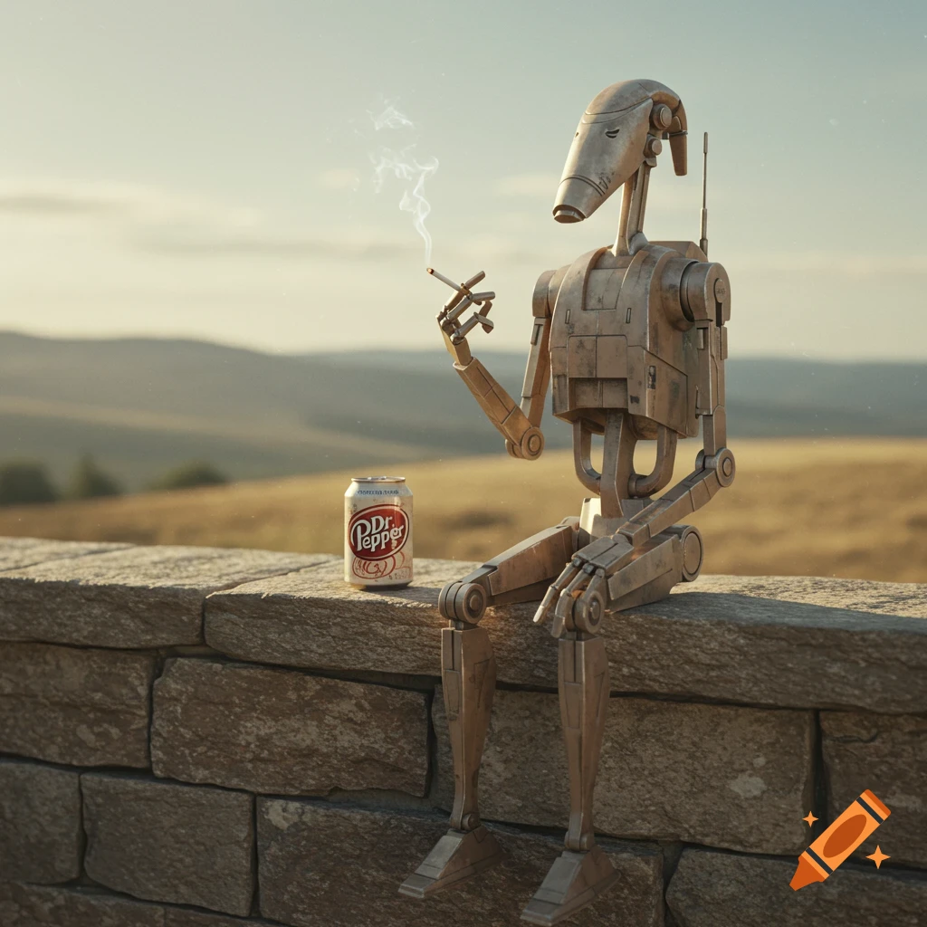 A weathered Star Wars B1 battle droid sits on a stone wall, smoking a cigarette thoughtfully with a can of Dr. Pepper beside it, in a photorealistic outdoor scene with hills in the background.