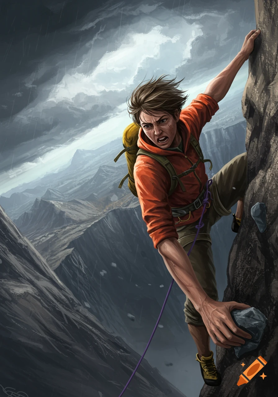 Illustration of a person with a backpack struggling to hold onto a cliff face in a stormy mountain landscape.