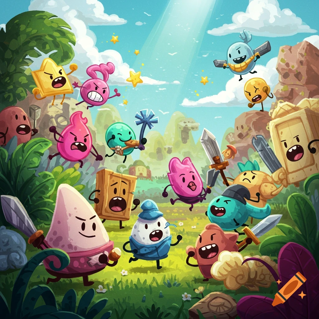 Colorful cartoon characters with expressive faces and limbs, some holding swords, in a vibrant, stylized fantasy landscape.