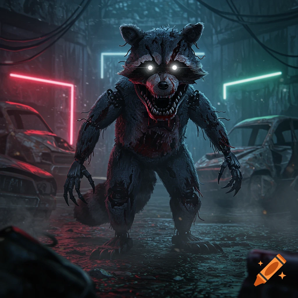 A scary, bloody animatronic raccoon with glowing white eyes stands amidst wrecked cars and neon lights in a dark, dystopian street.