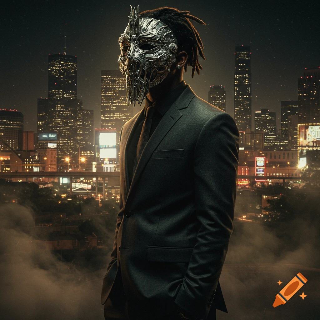 A mysterious man with dreadlocks wears an ornate metallic mask and suit against a glowing city skyline at night.