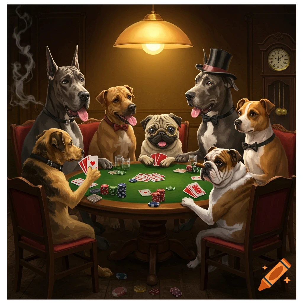 Six dogs of various breeds, some wearing formal attire, sitting around a green poker table playing cards under a warm lamp.