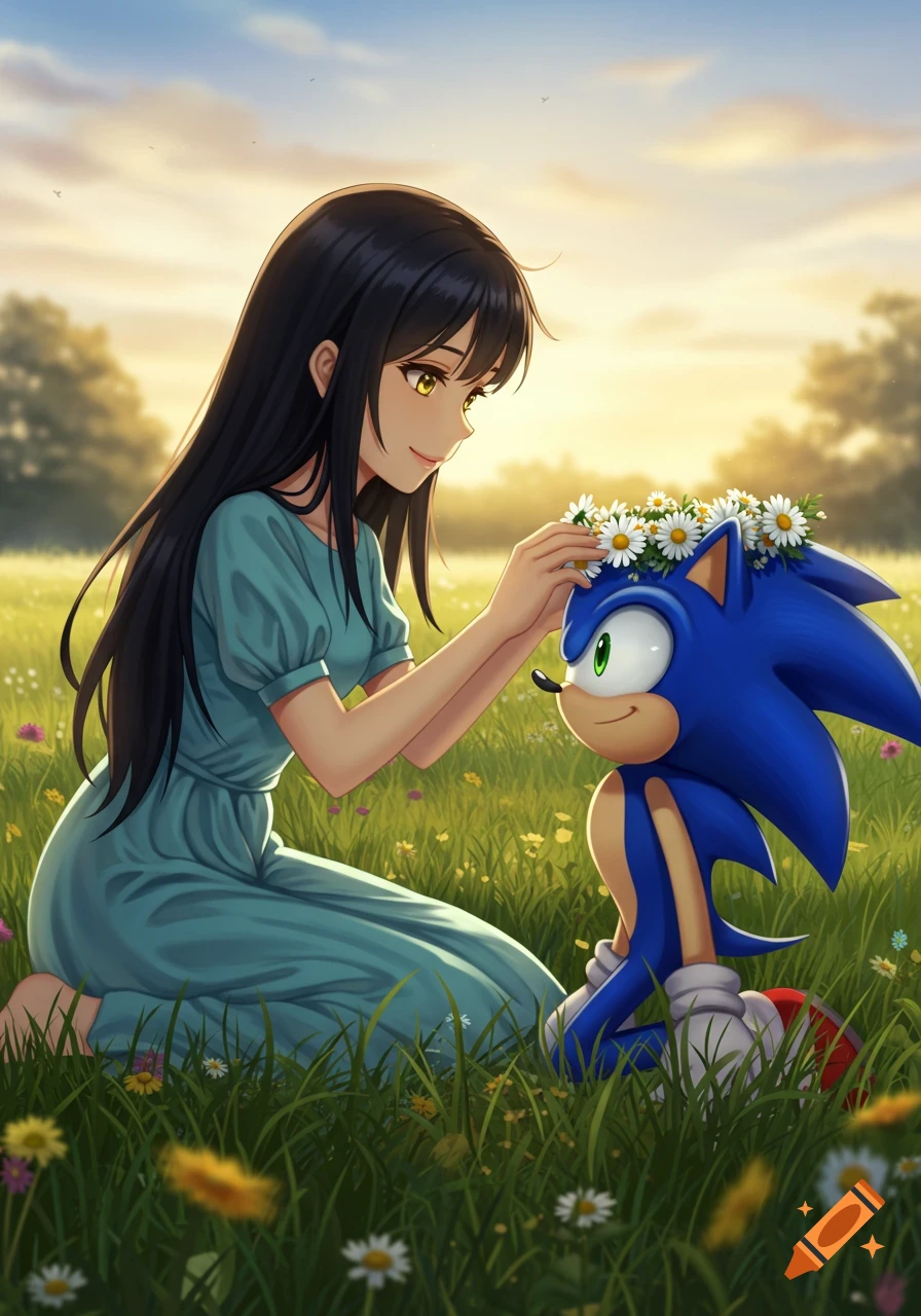 Anime girl with black hair and yellow eyes gives Sonic the Hedgehog a flower crown in a sunny, grassy field with flowers.