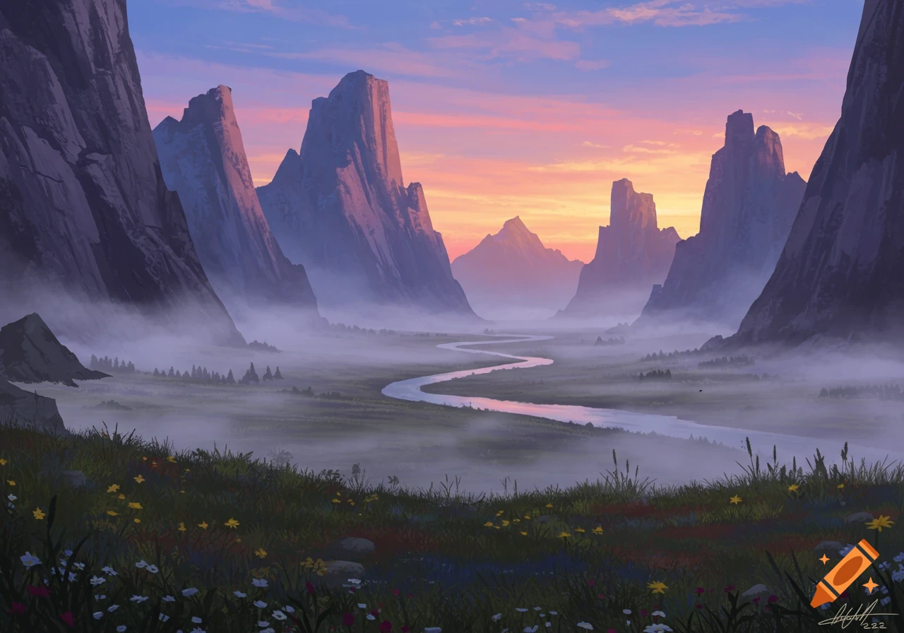 A serene digital painting of a winding river flowing through a misty mountain valley at dawn, with wildflowers in the foreground.