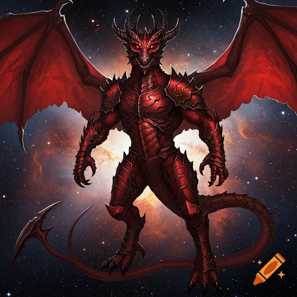 A powerful, detailed red armored dragon with large red wings and horns stands against a cosmic, starry background.