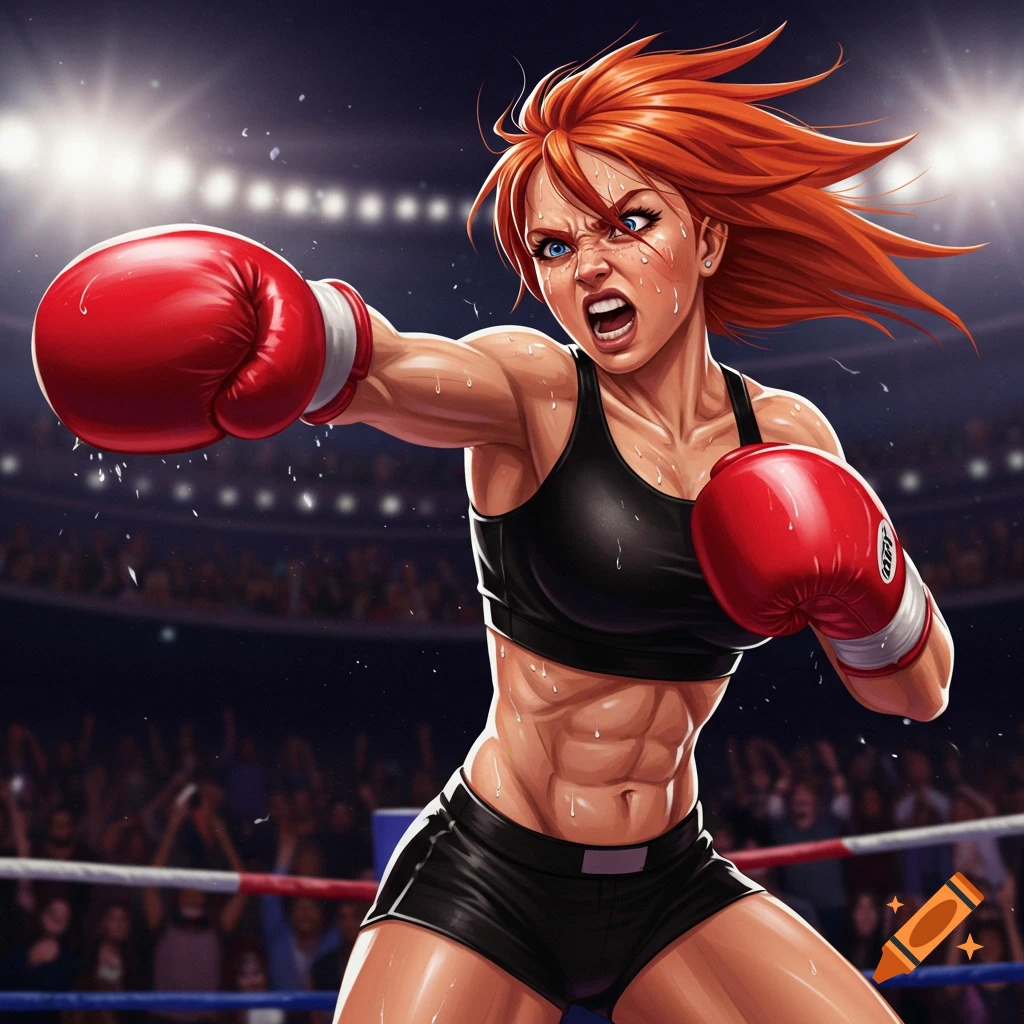 A dynamic illustration of a muscular female boxer with red hair, delivering a punch in a boxing ring.