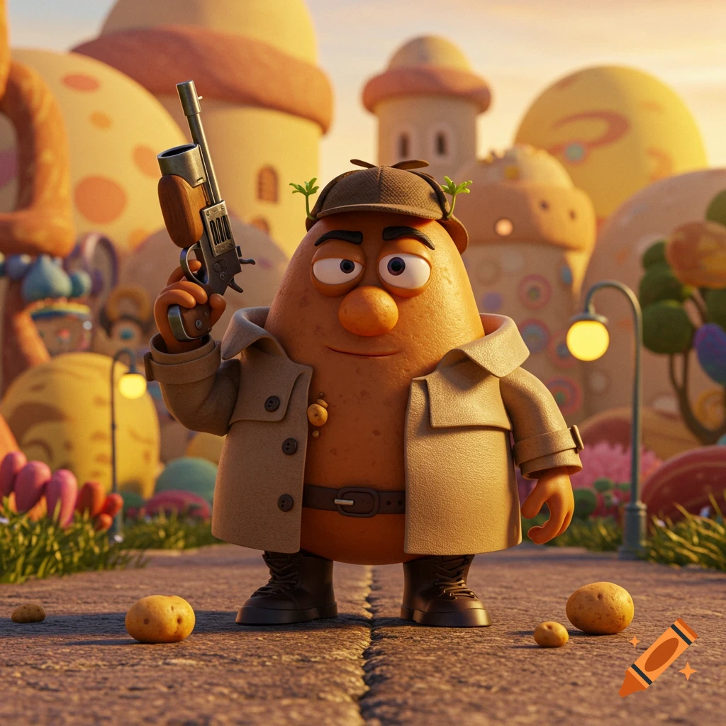 A cartoon potato man dressed as a detective, holding a rifle, stands on a road in a whimsical, colorful village.