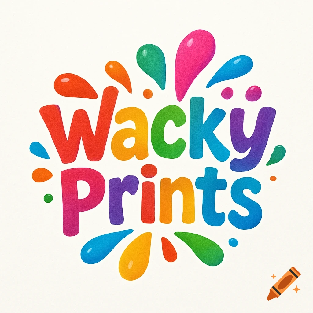 Colorful business logo for 'Wacky Prints' with bright, bubbly text and paint splatters on a light background.