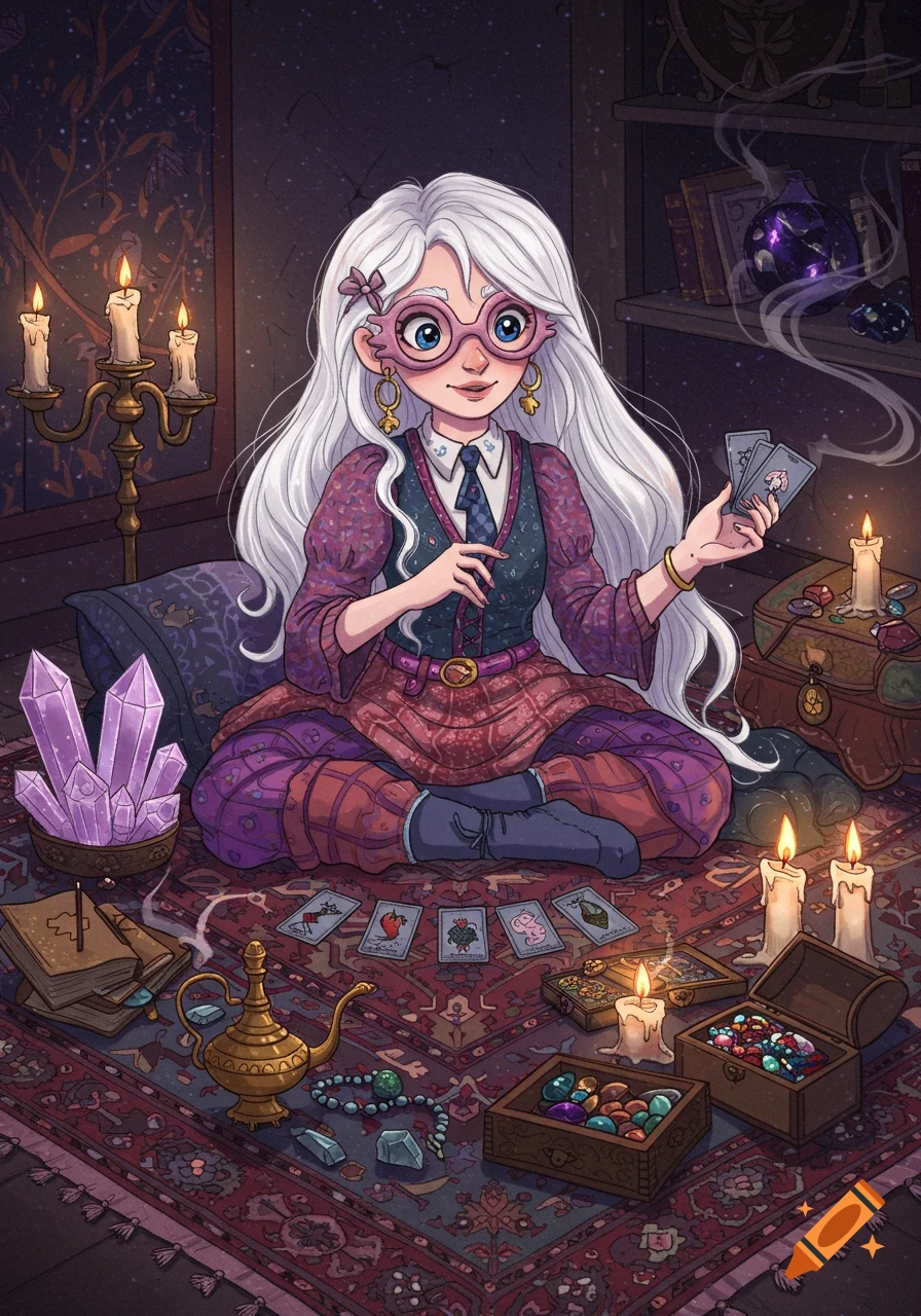 A whimsical white-haired woman with pink glasses sits cross-legged, holding tarot cards in a cozy, witchy room with crystals, candles, and books.