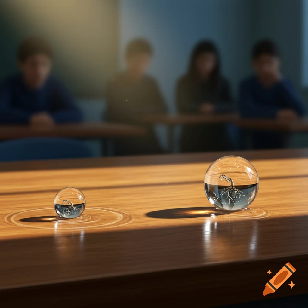 Photorealistic image of two glass spheres, with intricate tree roots inside, sitting on a sunlit wooden table with ripples, blurred students in background.