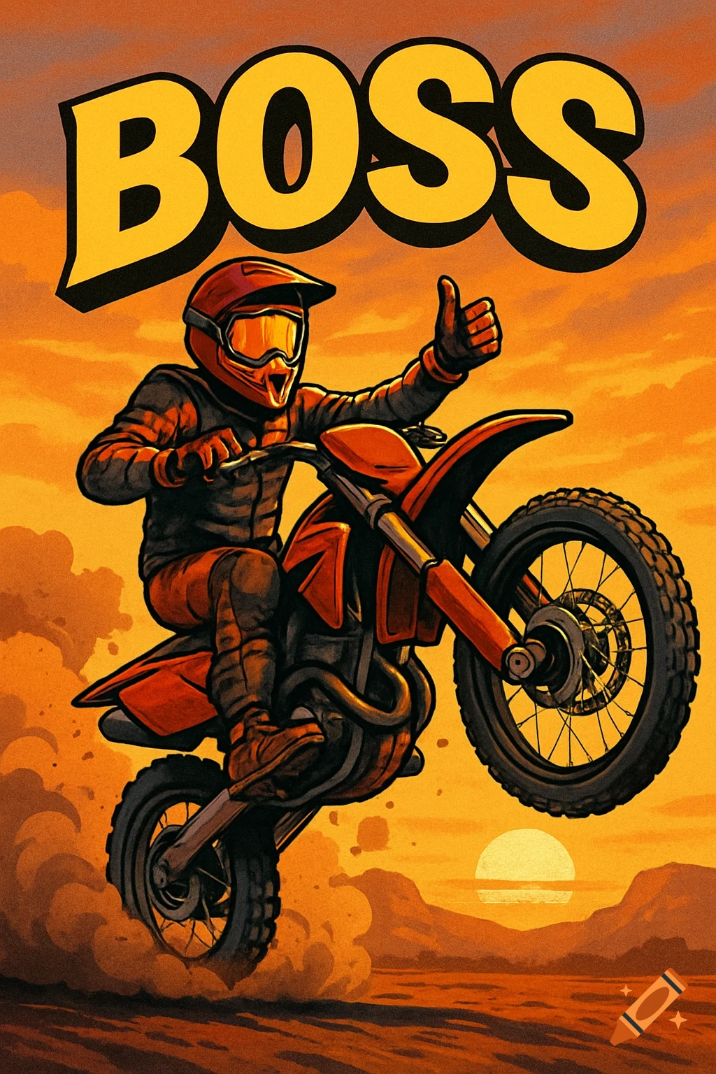 Cartoon dirtbike rider doing a wheelie with a thumbs up at sunset, with 'BOSS' text.