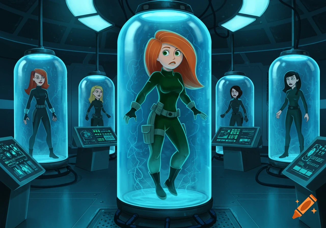 Cartoon Kim Possible and several other female spies in black suits frozen in glowing blue stasis tubes in a futuristic lab.