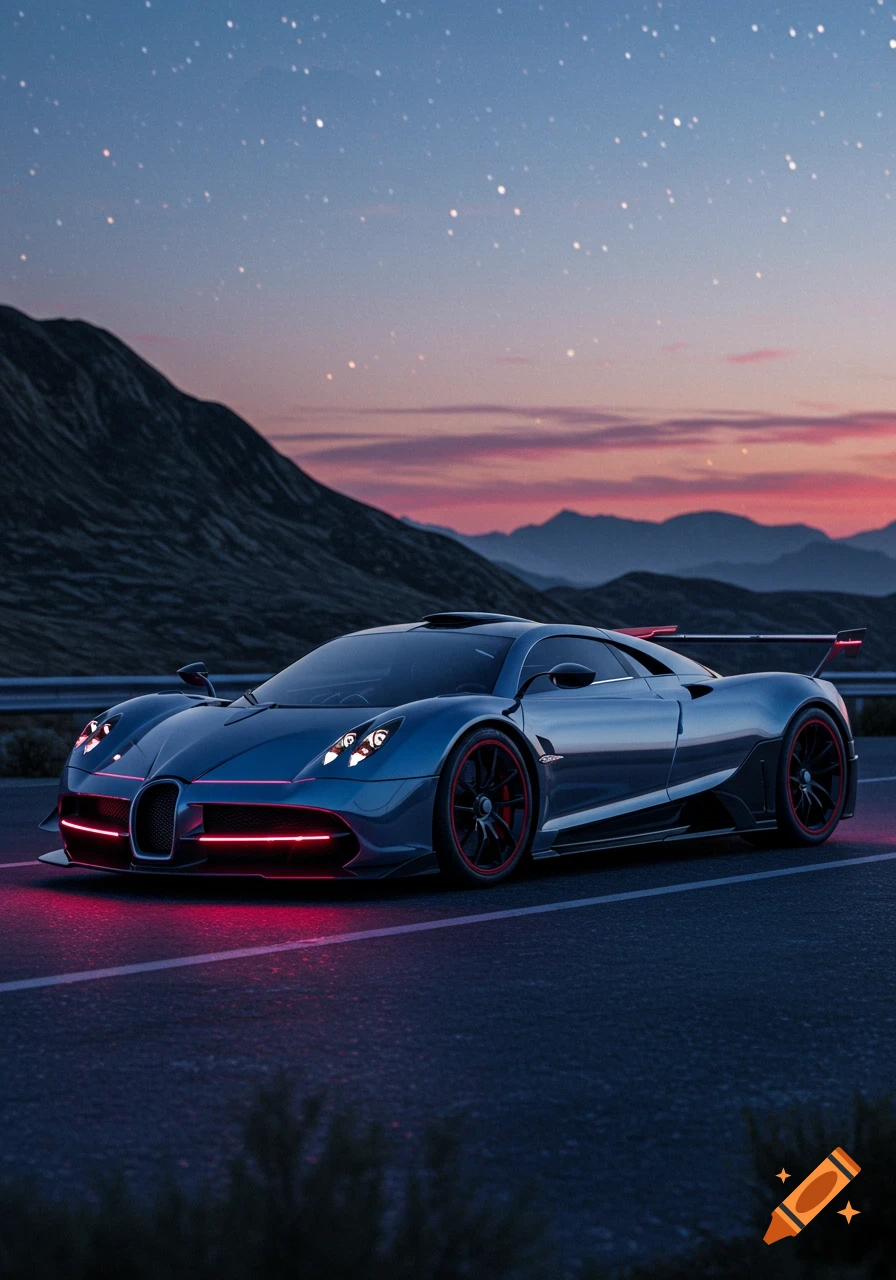 A sleek, dark sports car with glowing red lights and red wheel trim on a road at dusk with mountains and a starry sky in the background.